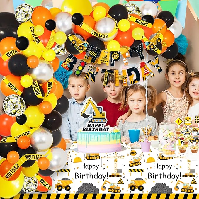 345 Pcs Construction 5th Birthday Party Supplies, Dump Truck Five Years Old Party Decorations Include Backdrop, Balloons Box, Hanging Swirls, Tablecloth, Plates, Cake Toppers, Balloons Garland Kit