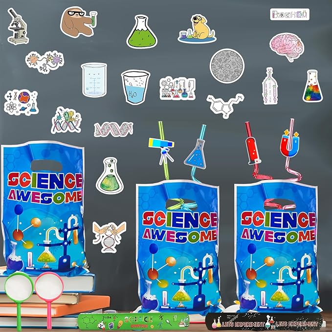 QZYCMHOO 111PCS Science Party Favors Set, Lab Birthday Decorations Including Slap Bracelets, Keychains, Gift Bags, DIY Stickers, Drinking Straws, Science Birthday Supplies