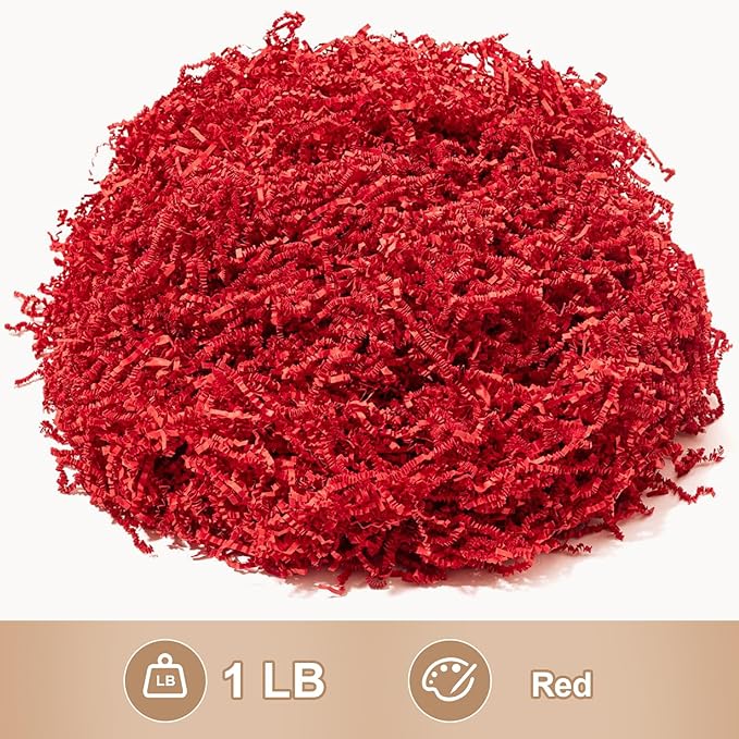 Wowxyz 1 LB Crinkle Cut Paper Shred Red Crinkle Shredded Paper for Gift Baskets - Gift Box Bag Filler - Confetti Stuffing for Birthday, Holiday Present Packaging Wrapping