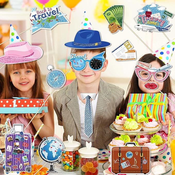 25 Pcs Travel Themed Photography Decorations, Fun Global Travel Photo Booth Props, Party Supplies for All Occasions Such as Graduation Ceremonies and Birthdays
