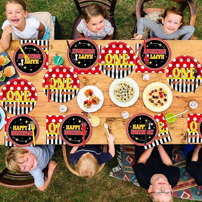 MinFyberd 96 Pcs Mouse 1st Birthday Party Plates and Napkins Set Cartoon Mouse Party Decorations Red Black Yellow Paper Dessert Plates Polka Dot Tableware Set for Boys Girls 24 Guests