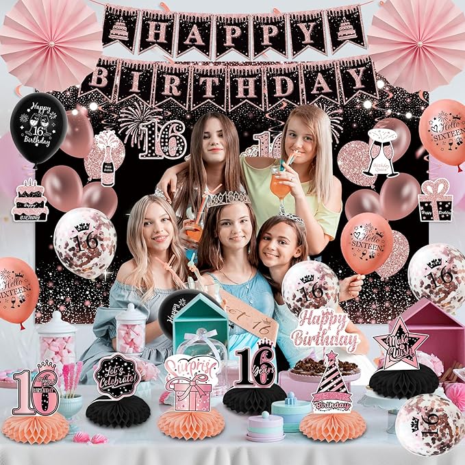 16th Birthday Decorations for Girls - Rose Gold Sweet 37Pcs All-in-One Party Kit with Banner, Backdrop, Tiara, Sash, Cake Topper, Latex Balloons, Hanging Swirls, Centerpieces | Birthday Party Supplies
