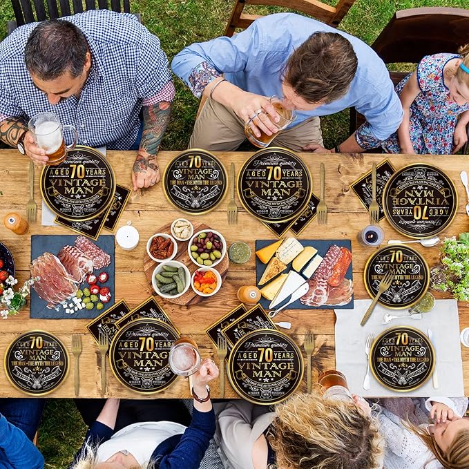 Wiooffen 96 Pcs Vintage 70th Party Tableware Set Back in 1956 70th Theme Birthday Party Table Decoration Supplies Cheers to 70 Years Paper Plate Napkin Fork 24 Guests for Men