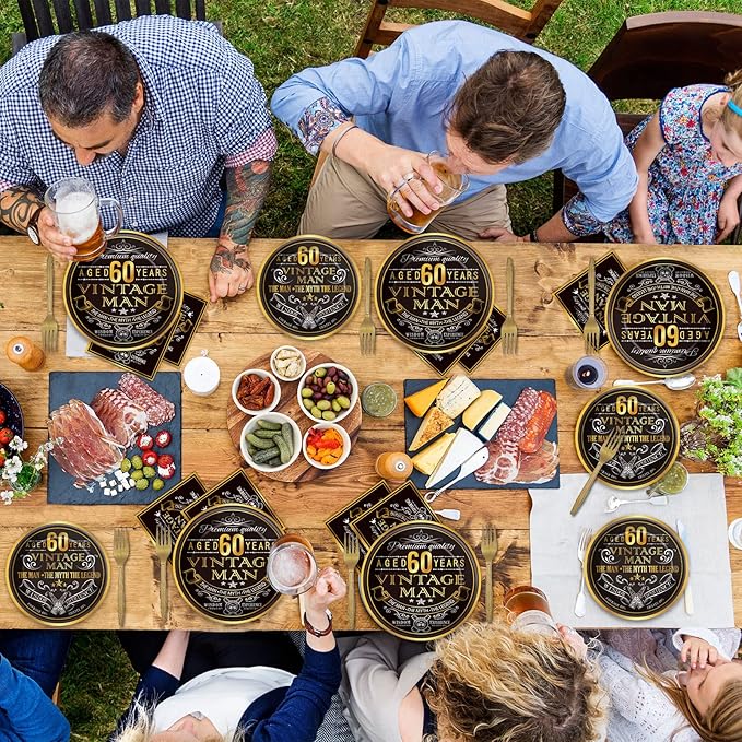 Wiooffen 96 Pcs Vintage 60th Party Tableware Set Back in 1966 60th Theme Birthday Party Table Decoration Supplies Cheers to 60 Years Paper Plate Napkin Fork 24 Guests for Men