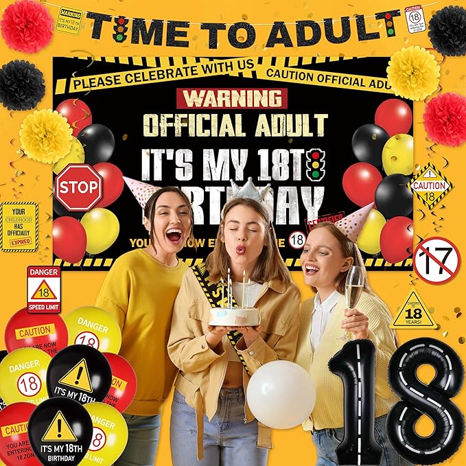THAWAY 18th Birthday Decorations for Boys - “Hide The Car Keys” Happy 18th Birthday Caution Party Kit 49pcs with Backdrop, Banner, Sign Balloons & Photo Props for Teen Driver