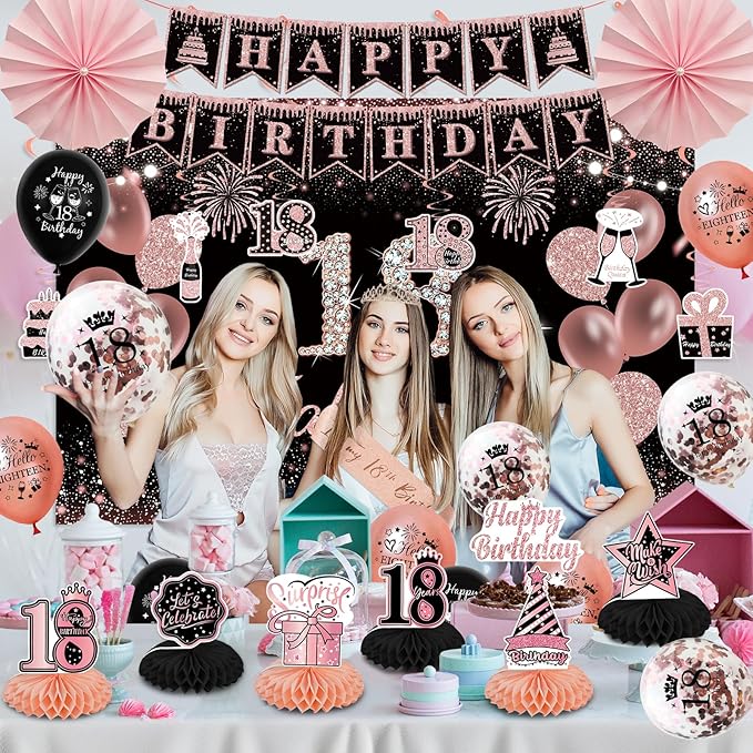18th Birthday Decorations for Girls - Rose Gold 37Pcs Complete Party Kit with Banner, Backdrop, Tiara, Sash, Cake Topper, Latex Balloons, Hanging Swirls, Centerpieces | Birthday Party Supplies
