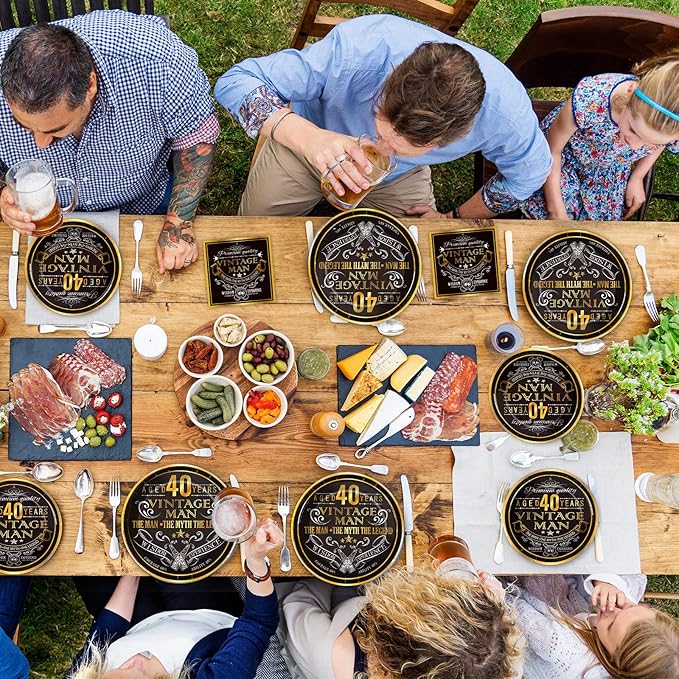 96 Pcs Vintage 40th Birthday Decorations for Men 40 Years old Paper Plates Napkins Birthday Supplies Back in 1985 Theme Party Tableware Set Cheers to 40 Years Table Party Decor Favors for 24 Guests