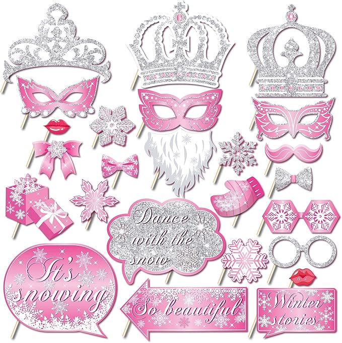25 PCS Pink Snowflake Photo Booth Props, Fun Decoration Props, Winter Theme Suitable for Christmas, Birthdays, and All Occasions