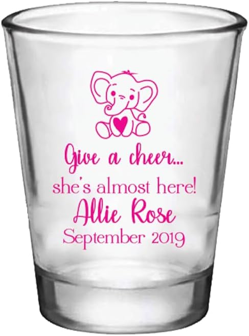 Personalized 1.75oz Glass Shot Glass Sweet Baby Elephant “Give a Cheer” Design for Your Next, Baby Shower, Baby Sprinkle, Babyette, Push Party or Any Baby Arrival Celebration