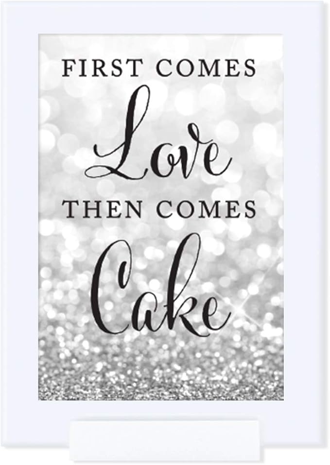 Andaz Press Framed Wedding Party Signs, Glitzy Silver Glitter, 4x6-inch, First Comes Love Then Comes Cake, 1-Pack