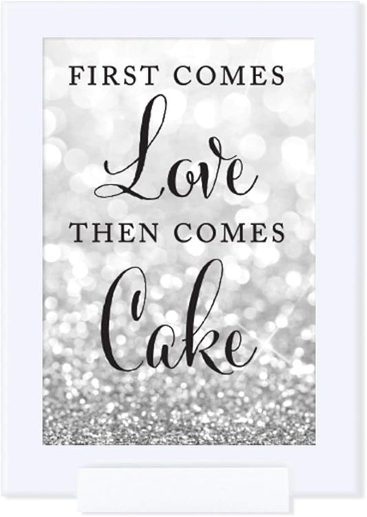 Andaz Press Framed Wedding Party Signs, Glitzy Silver Glitter, 4x6-inch, First Comes Love Then Comes Cake, 1-Pack