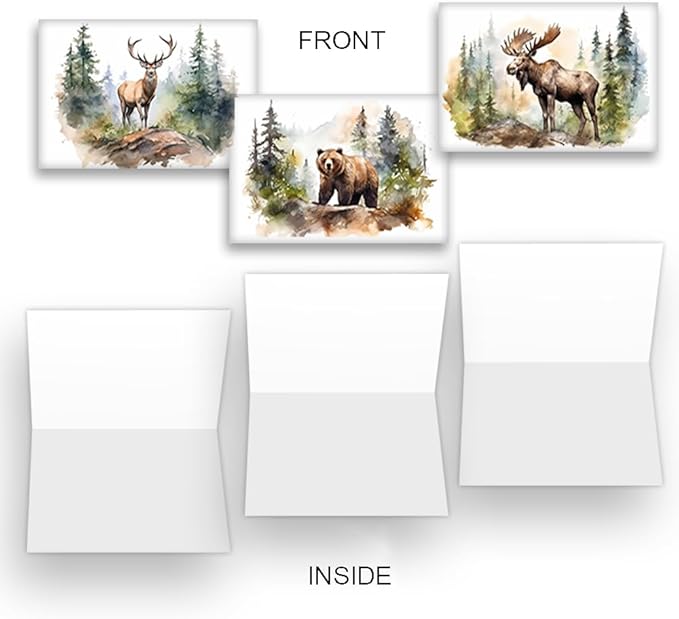 Wright Home & Gift Watercolor Mountain Wildlife All-Occasion Blank Note Greeting Cards | 20 Pack Assortment Bulk Variety Set + 20 Envelopes (4x6)