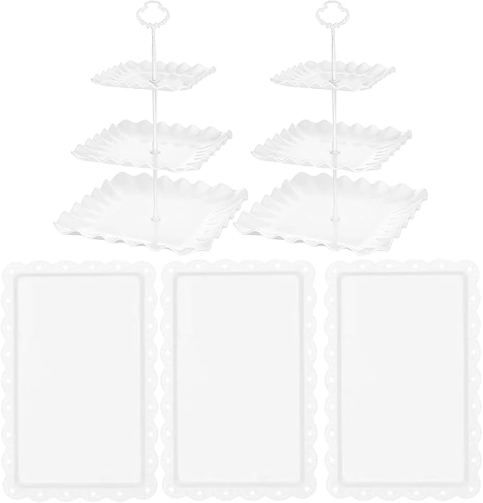 5 Pcs Cupcake Stand Set - Plastic Dessert Table Display Set, 2 White Square 3 Tier Cupcake Display Stands Cookie Tray Rack Serving Tower & 3X 14 in Plastic Trays for Wedding Baby Shower Tea Party