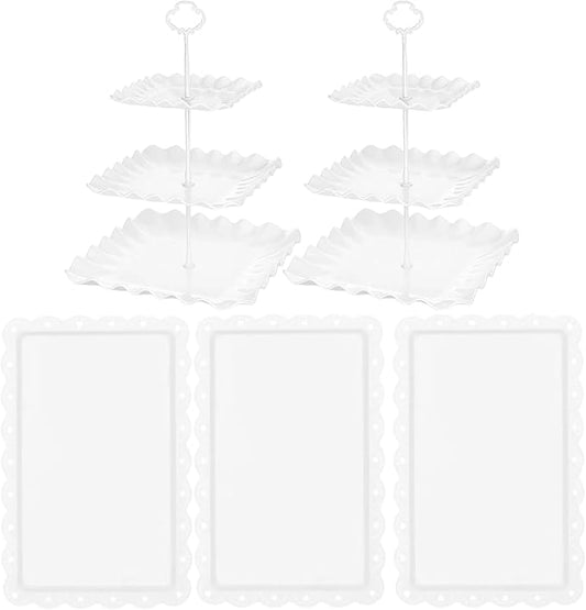 5 Pcs Cupcake Stand Set - Plastic Dessert Table Display Set, 2 White Square 3 Tier Cupcake Display Stands Cookie Tray Rack Serving Tower & 3X 14 in Plastic Trays for Wedding Baby Shower Tea Party