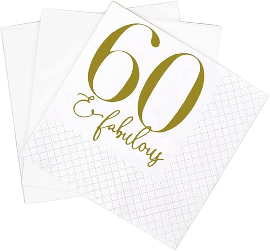 SharkBliss 60 and Fabulous Birthday Cocktail Napkins, 100 Pack Gold 60 and Fabulous Happy Birthday Cocktail Beverage Napkins for His Her Sixty 60th Birthday | 2-Ply, 5x5" (60 and Fabulous Napkins)