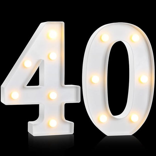 Treela 8.7'' Birthday Decorative LED Light up Numbers, Glitter Marquee Number Sign for Night Birthday Party Decorations Anniversary Bar LED Sign Backdrop Wall Table Centerpieces(40th,White)
