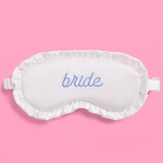 xo, Fetti Ruffled Bride Sleep Mask, White Satin + Blue Embroidery | Bachelorette Party Decorations, Bridal Shower Accessory, Bride to Be Party Favor, Bridesmaid Gift
