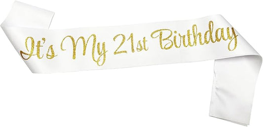 NAUXIUDSJS 21st Birthday Sash, Birthday Sash for Girls,Birthday Princess 21st Birthday Gifts Decorations for Happy 21st Birthday Party Favor Supplies,White Gold