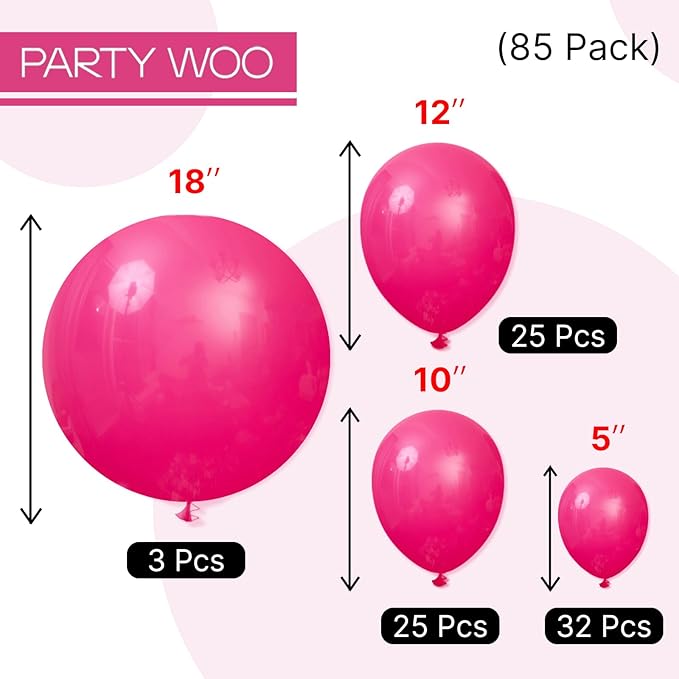 PartyWoo Hot Pink Balloons 85 pcs Different Sizes of 18 12 10 5 Inch Magenta Fuchsia Balloon Arch Kit Garland for Baby Shower Wedding Bridal Shower Anniversary Birthday Party Decorations Pink-Y12