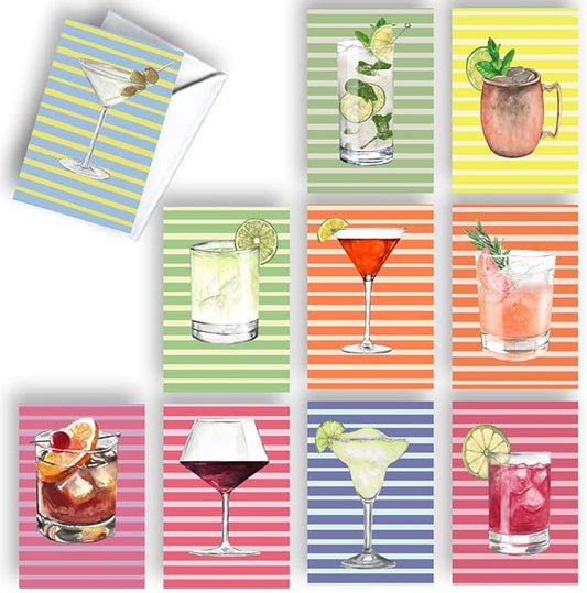 Wright Home & Gift Drinks All-Occasion Blank Note Greeting Cards | 10 Pack Assortment Bulk Variety Set + 10 Envelopes (4x6)