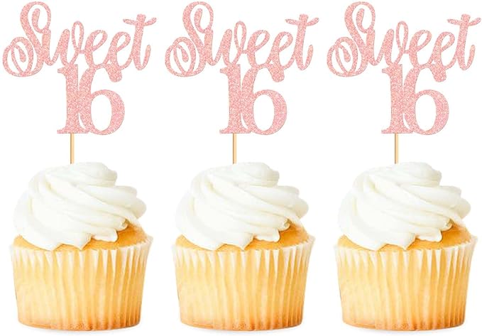 Keaziu 24 Pack Sweet 16 Cupcake Toppers Sweet Sixteen 16 Happy 16 Cupcake Picks for 16th Birthday Wedding Anniversary Party Cake Decorations Supplies Pink