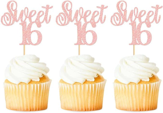 Keaziu 24 Pack Sweet 16 Cupcake Toppers Sweet Sixteen 16 Happy 16 Cupcake Picks for 16th Birthday Wedding Anniversary Party Cake Decorations Supplies Pink