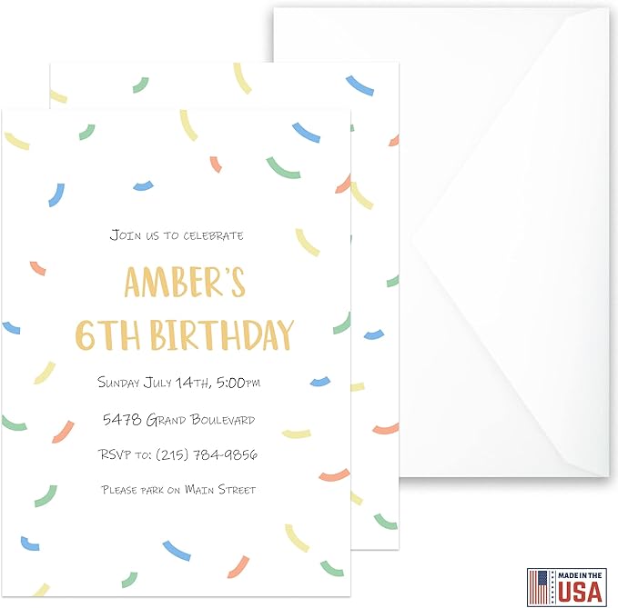 DISCOUNTCARDSTOCK.COM Custom Personalized Birthday Invitations - 25 Premium Invites & 25 White Envelopes - All Age Designs - Made in the U.S.A. (Confetti)