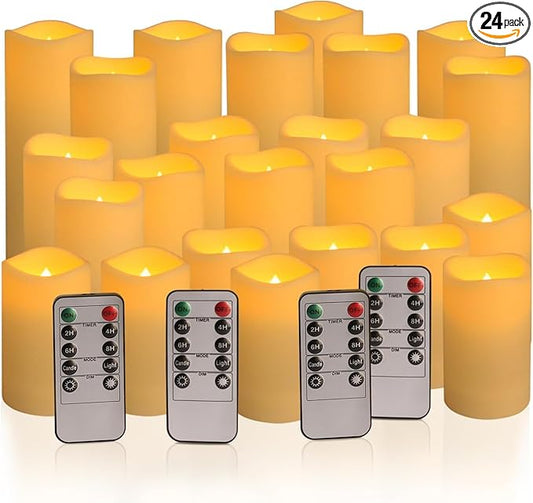 fclayvts 24-Pack LED Flameless Candles with Remote Control -Flickering Electric Candles- Timer Candles -3D Flame, for Halloween Christmas Parties,Wedding,Home,Gift and Special Occasions(Three Sizes)