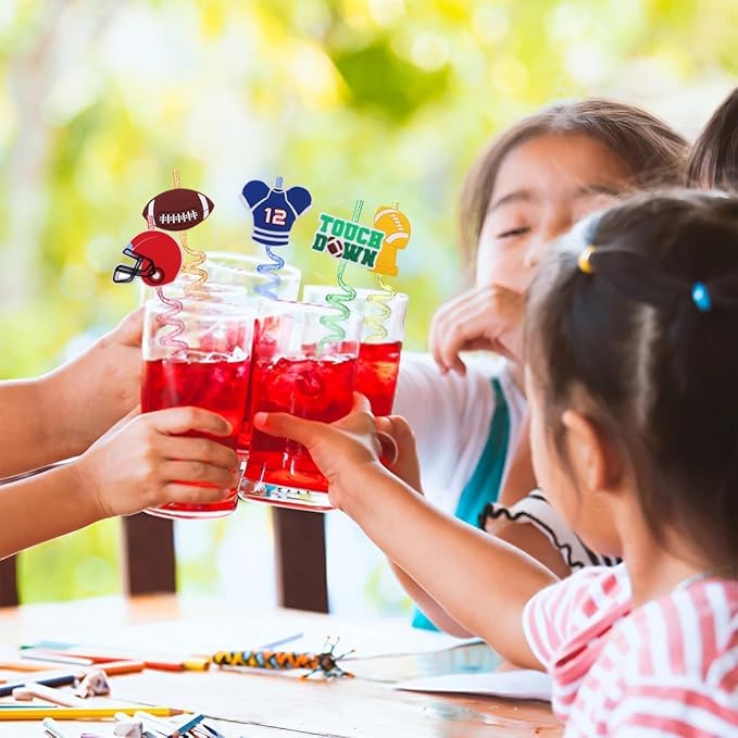 24Pcs Football Theme Reusable Drinking Straws, Soccer Straws, Football Party Favors, Birthday Party Supplies Decorations