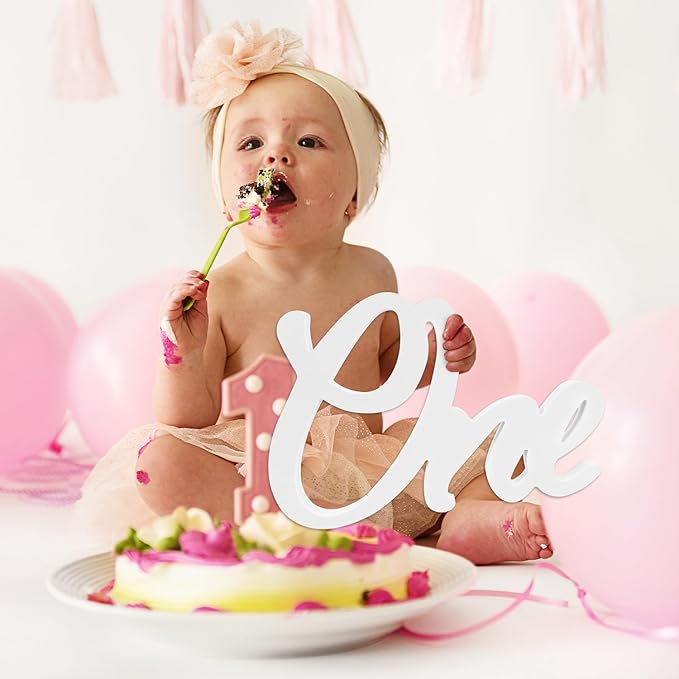 1st Birthday Decorations One Sign for First Birthday Table Centerpieces White Letter Wooden Photo Booth Props for One Year Old Birth Day Party Decorations Supplies(12.6x8.3inch)