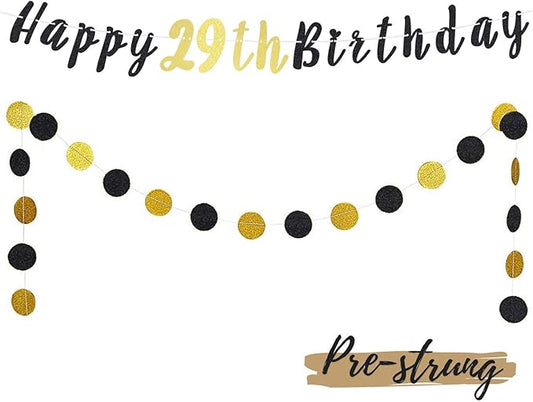 LASKYER Happy 29th Birthday Decoration Set - 29th Bday Banner with Black & Gold Glitter Circle Dots Cheers to 29 Years Old Birthday Party Decorations.[Pre - Strung]