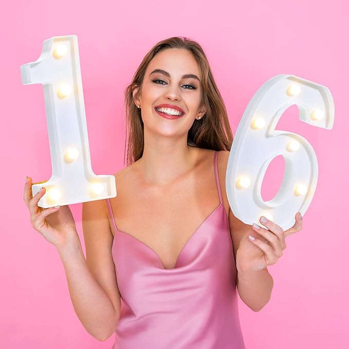 Treela 8.7'' Birthday Decorative LED Light up Numbers, Glitter Marquee Number Sign for Night Birthday Party Decorations Anniversary Bar LED Sign Backdrop Wall Table Centerpieces(16th,White)