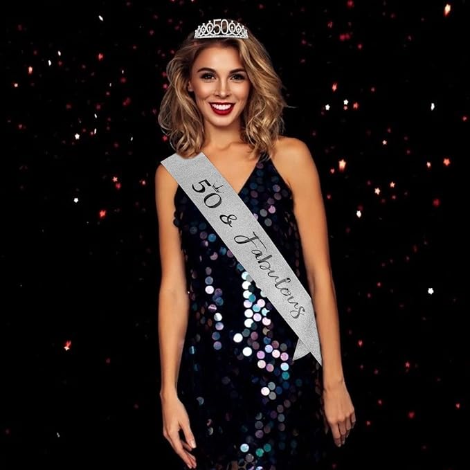 "50 & Fabulous" Birthday Tiara and Sash Kit- 50th Birthday Gifts for Women 50th Birthday Party Decorations (silver)