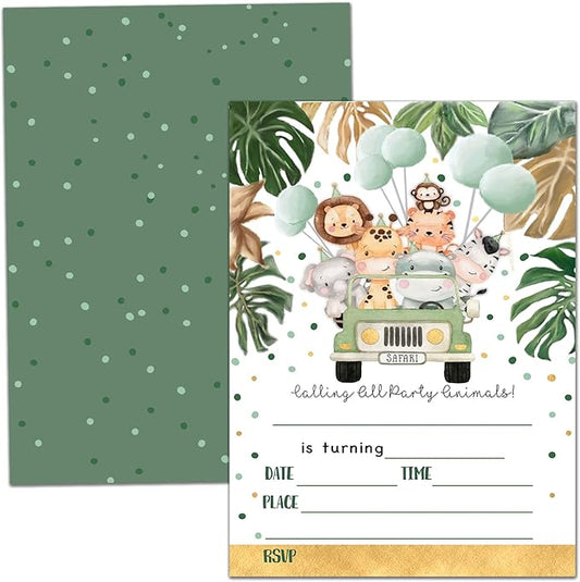 Birthday Party Invitation Cards, Jungle Animals Party Celebration, Animals Driving Balloon Cars，Party Supplies, Favors, 20 Cards With 20 Envelopes – (dongw01)