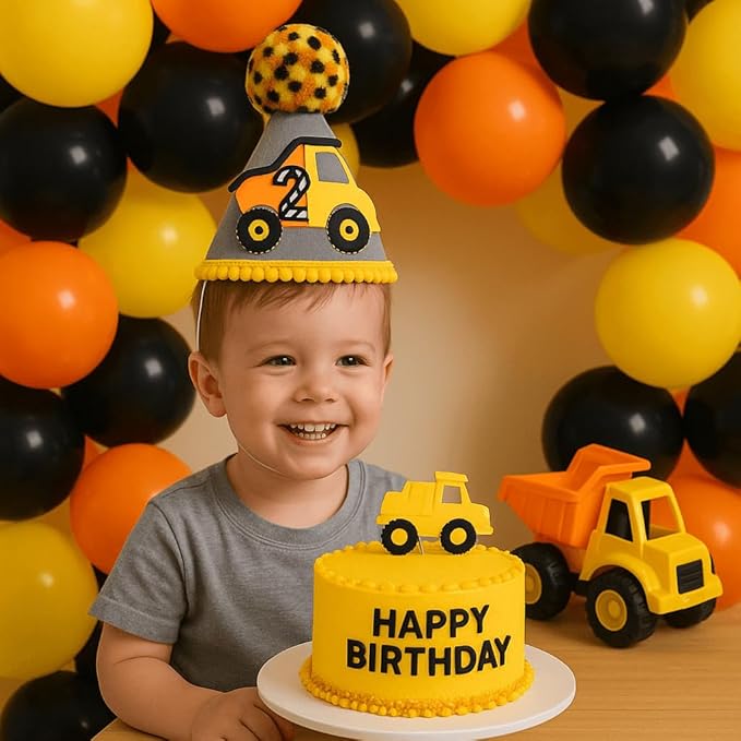 345 Pcs Construction 2nd Birthday Party Supplies, Dump Truck Two Years Old Party Decorations Include Backdrop, Balloons Box, Hanging Swirls, High Chair Banner, Hat, Tablecloth, Plates, Cake Toppers