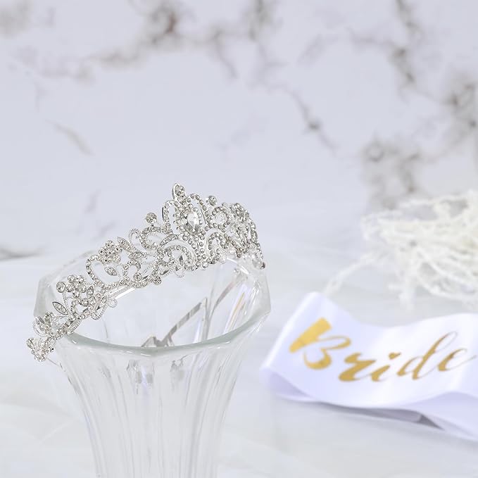 QIFU Bachelorette Party Decorations - 3pcs Bridal Shower Decorations include Bride to Be Crown Sash Veil for Women Bachelorette Hen Party Favors Accessories Wedding Decor Bridal Shower Gifts (Silver)