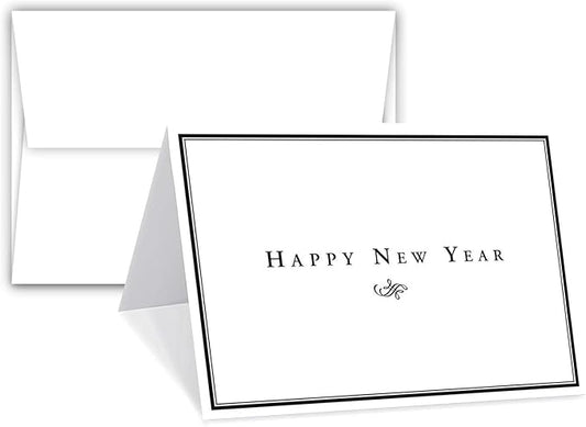 "Happy New Year" Greeting Cards and Envelopes, Minimalist Border Christmas, Xmas, New Year Greetings, Invitations, Thank You's, Small Business, Gift and Presents – 25 per Pack – 5" x 7" (A7 Size)