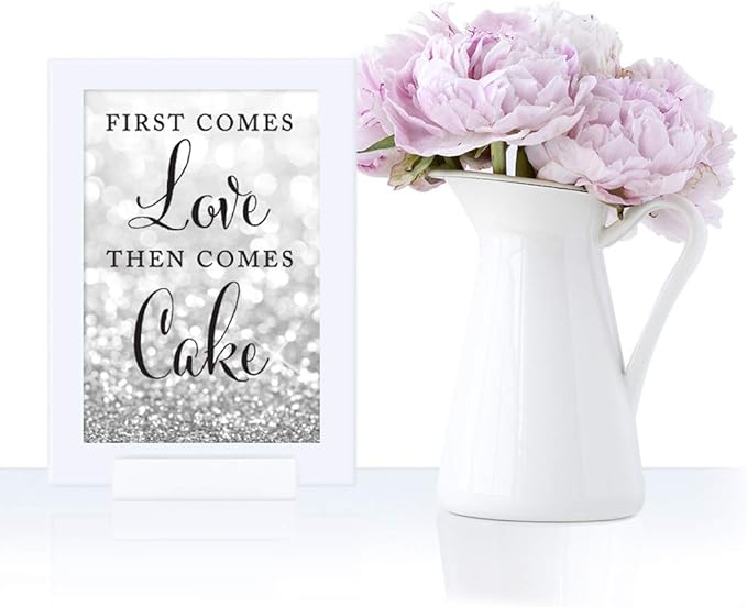 Andaz Press Framed Wedding Party Signs, Glitzy Silver Glitter, 4x6-inch, First Comes Love Then Comes Cake, 1-Pack