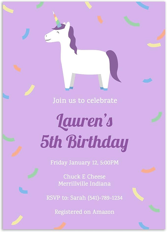 DISCOUNTCARDSTOCK.COM Custom Personalized Birthday Invitations - 25 Premium Invites & 25 White Envelopes - All Age Designs - Made in the U.S.A. (Unicorn Confetti)