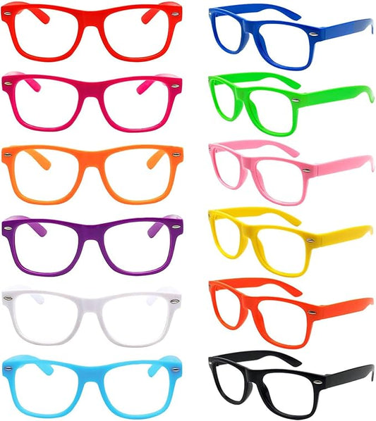 SUNOVELTIES 12 Pack Kids NO LENS Ultralight Square Costume Frame Glasses Neon Color Party Favors for Boys Girls Daily Outfit Accessories