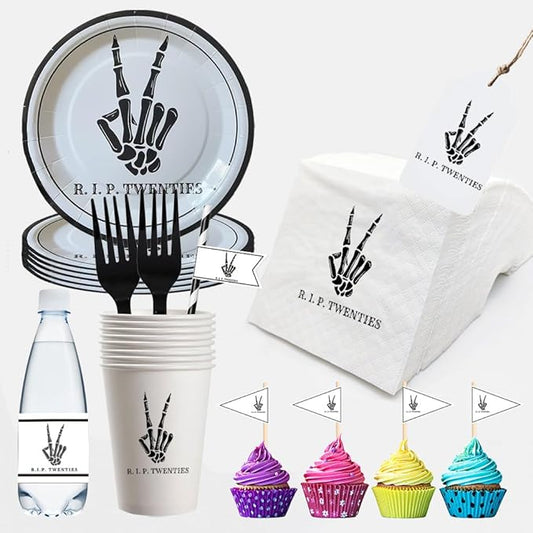 SharkBliss RIP Twenties Party Supplies 240 PCS – Paper Cocktail Napkins Party Cups Water Bottle Labels Toothpick Flags Drinking Straws Gift Tags Forks Plates for Death to My 20s 30th Birthday