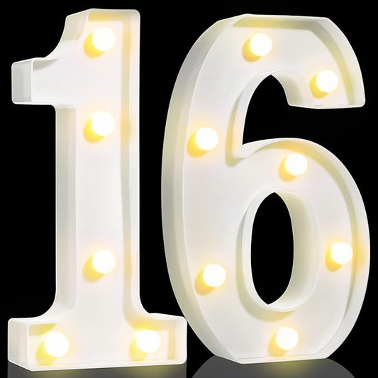 Treela 8.7'' Birthday Decorative LED Light up Numbers, Glitter Marquee Number Sign for Night Birthday Party Decorations Anniversary Bar LED Sign Backdrop Wall Table Centerpieces(16th,White)