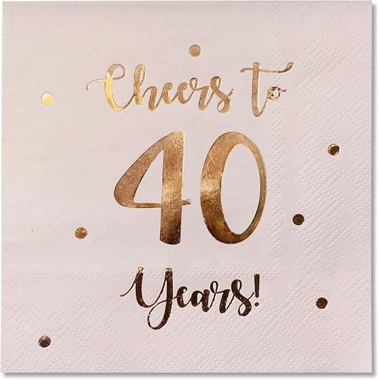 Cheers to 40 Years Cocktail Napkins | Happy 40th Birthday Decorations for Men and Women and Wedding Anniversary Party Decorations | 50-Pack 3-Ply Napkins | 5 x 5 inch folded (Pink)
