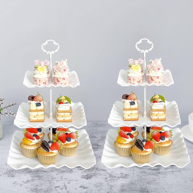 5 Pcs Cupcake Stand Set - Plastic Dessert Table Display Set, 2 White Square 3 Tier Cupcake Display Stands Cookie Tray Rack Serving Tower & 3X 14 in Plastic Trays for Wedding Baby Shower Tea Party
