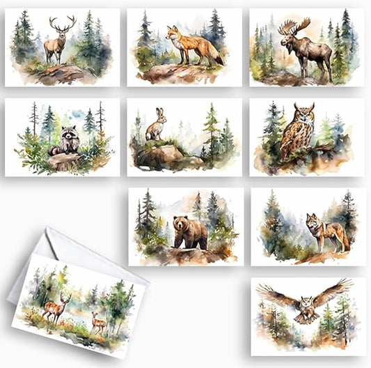 Wright Home & Gift Watercolor Mountain Wildlife All-Occasion Blank Note Greeting Cards | 10 Pack Assortment Bulk Variety Set + 10 Envelopes (4x6)