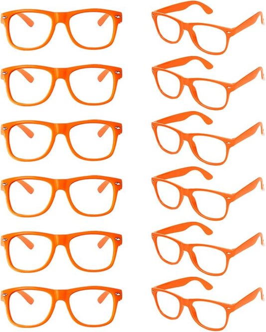 SUNOVELTIES 12 Pack Kids Orange Pretend Play Glasses Bulk, Boys Girls Birthday Party Favors No Lens Frame Fake Glasses