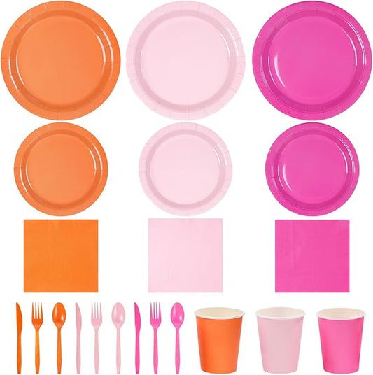 Greencian 420Pcs Pink and Orange Party Decorations Include 7" and 9" Hot Pink and Orange Paper Plates and Napkins Cups Spoons Forks Knives Complete Pack for Sunset Party Decorations Supplies