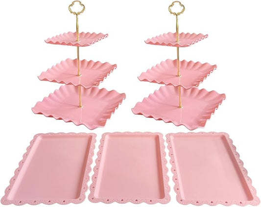 5 Pcs Cupcake Stand Set - Pink Plastic Dessert Table Display Set, 2x Pink Square 3 Tier Cupcake Display Stands Cookie Tray Rack Serving Tower & 3x 14 in Plastic Trays for Wedding Baby Shower Tea Party