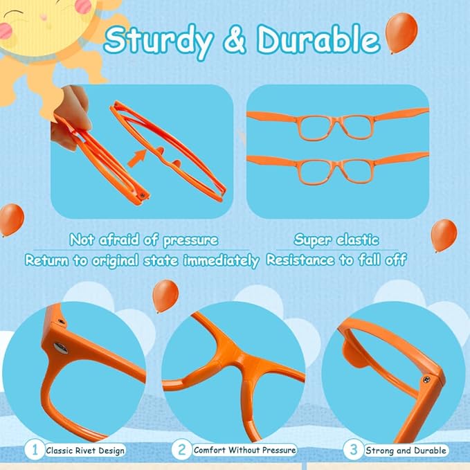 SUNOVELTIES 12 Pack Kids Orange Pretend Play Glasses Bulk, Boys Girls Birthday Party Favors No Lens Frame Fake Glasses