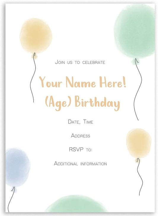 DISCOUNTCARDSTOCK.COM Custom Personalized Birthday Invitations - 25 Premium Invites & 25 White Envelopes - All Age Designs - Made in the U.S.A. (Watercolor Balloon)